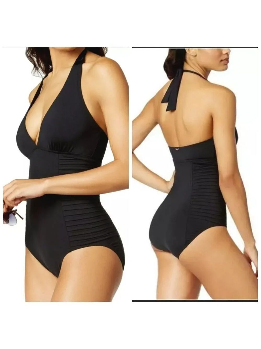 CALVIN Klein Women's Halter Top Pleated One Piece Swimsuit with Removable Cups